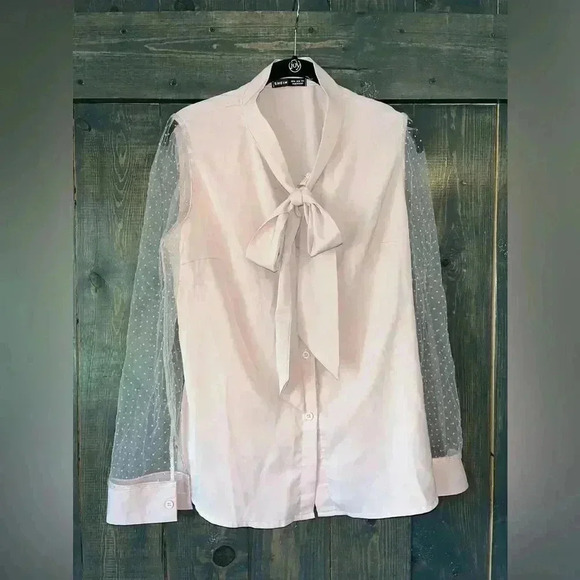 SHEIN‎ Elegant Blush Pink Bow Blouse with Mesh Dot Sleeves - Romantic Top A68 - Picture 4 of 8